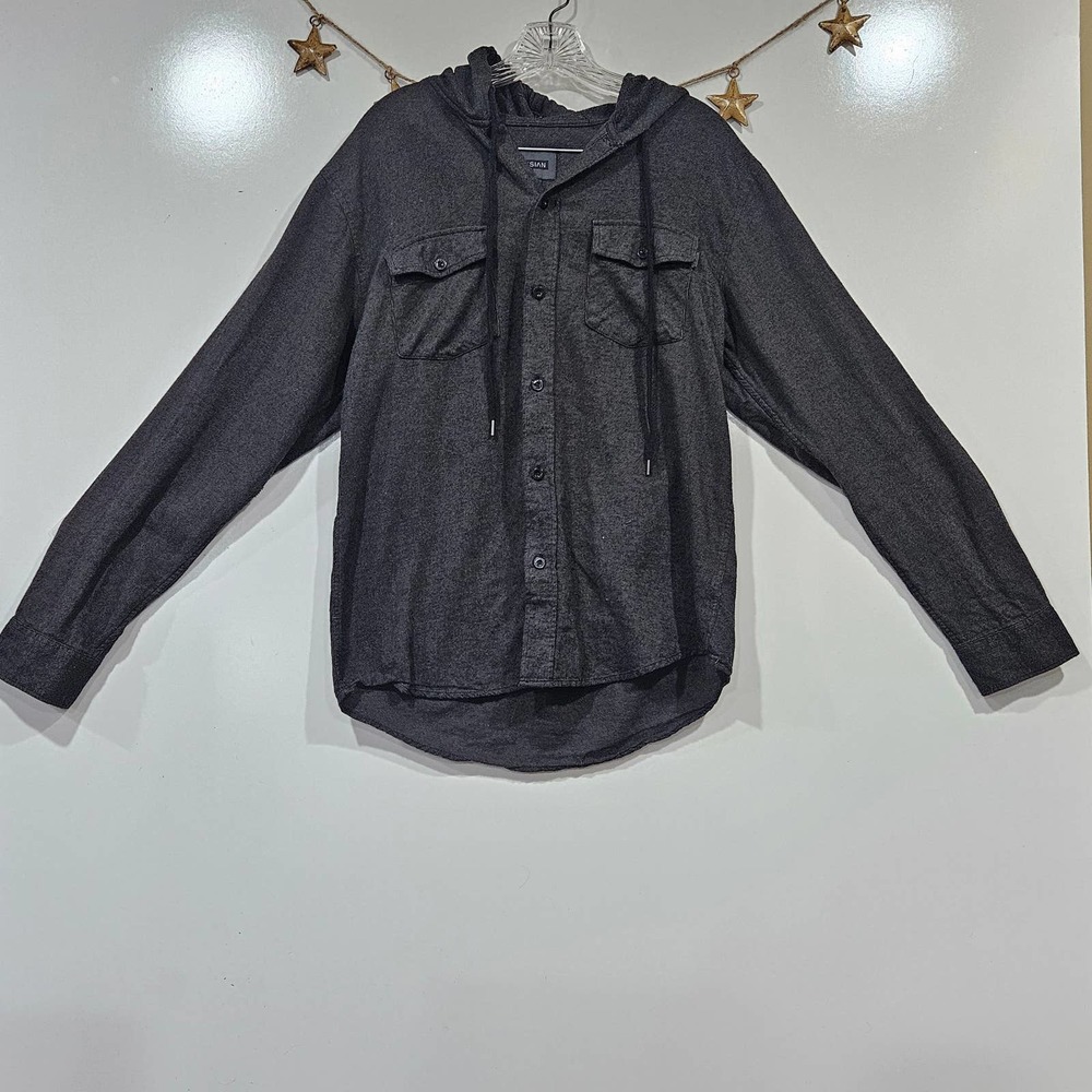 Elysian Black Heathered Button Up Hooded Shirt Two Pockets Size Medium